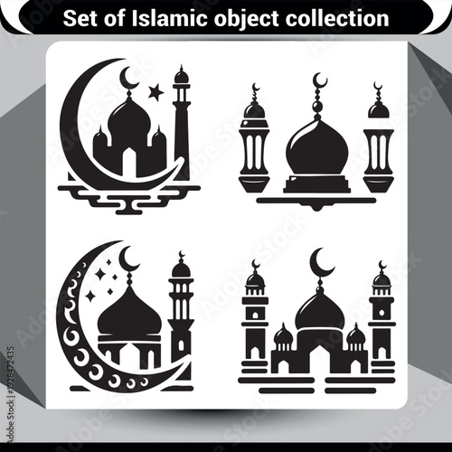 Islamic architectural silhouettes with mosques, crescent moon, and lanterns