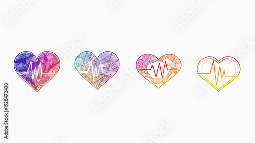 Four stylized heart illustrations showcasing different designs with electrocardiogram lines on a white background