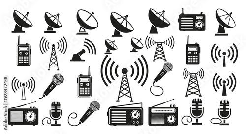 Collection of various black silhouette icons representing communication and broadcasting devices