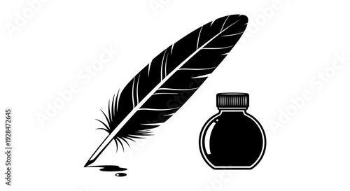A black quill pen and inkwell displayed against a stark white background
