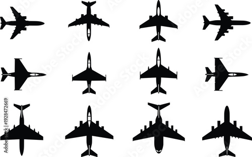 Airplane silhouette collection top view vector set, military and commercial aircraft icons isolated on white background, aviation transport design elements bundle