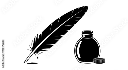 A black quill pen rests near a small full inkwell on a white background