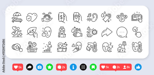 Money app, Healthy face and Location app line icons pack. Social media: share, comment, like icons. Floor lamp, Hearing, Washing hands web icon. Presentation time, Stats, Sick man pictogram. Vector