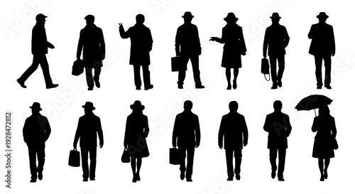 Silhouettes of people walking wearing various coats and hats in a group