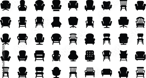 Collection of armchair and chair silhouettes isolated on white background, assorted furniture icons set for interior design, home decor, and seating concept illustration