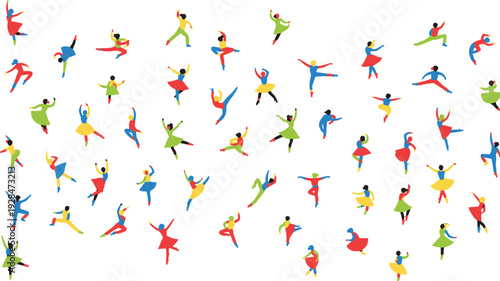 Colorful dancing people collection isolated on white background, dynamic modern dance poses set, vibrant flat character illustration for festival, performance, and celebration concept
