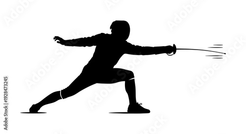 Silhouette of a fencer in action poised with sword extended during a bout
