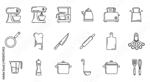 Kitchen Utensils and Appliances Icons Set.
