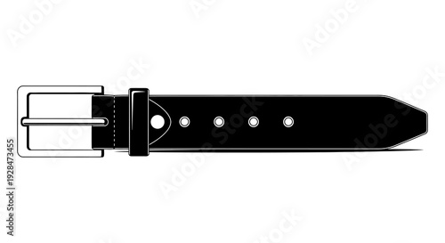 Black leather belt illustration with silver buckle and multiple holes displayed on white