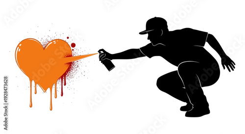Silhouette of a person spray painting a dripping orange heart onto a white background