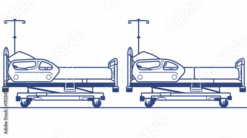 Two hospital beds with IV poles are depicted in a blue outline style