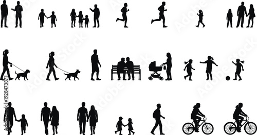 Family and people silhouette collection vector set, men, women and children walking, running, cycling and daily activities isolated on white background