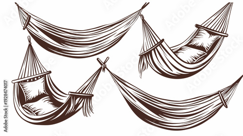 Artistic vector illustration of several hammocks. Various forms, pillows, and suspension methods are shown
