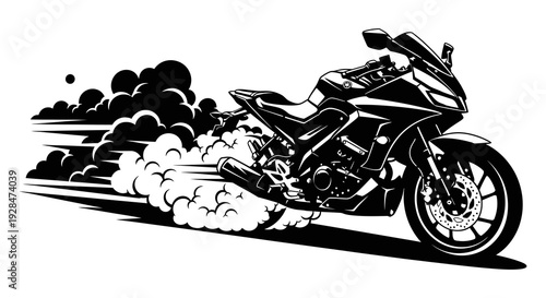 A black and white illustration of a sportbike performing a burnout