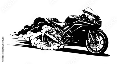 Black and white illustration of a sportbike performing a burnout with tire smoke