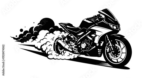 Stylized illustration of a black sportbike performing a burnout with smoke
