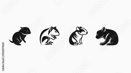 A collection of stylized, monochrome illustrations depicting various postures of rodents