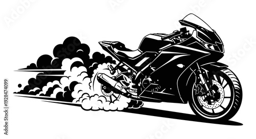 A sleek black and white illustration of a speeding sport motorcycle with smoke trails