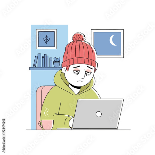 Tired Young Man Working on Laptop Late at Night.