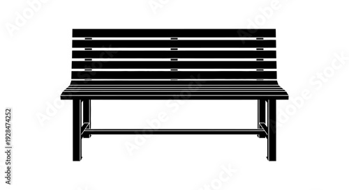 A simple black and white illustration of a wooden park bench viewed from the front