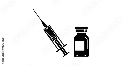 Black syringe and vial illustration representing vaccination or medical injection