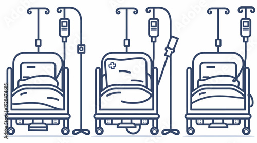 Linear illustration depicting medical hospital beds with IV drips, representing healthcare and patient care