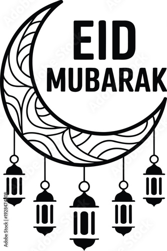 Eid Mubarak crescent moon with lanterns vector, Islamic Ramadan and Eid design
