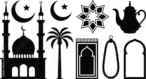 Islamic icons vector set, Mosque, Crescent moon, Star, Lantern, Palm tree, Prayer beads silhouettes.