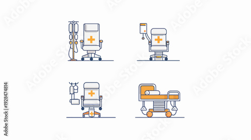 Four stylized illustrations of medical equipment chairs, beds, and intravenous drip systems