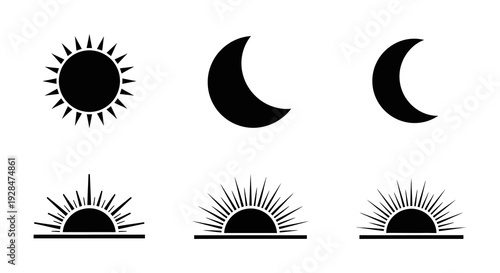 Stylized depictions of the sun moon and sunrise in black and white
