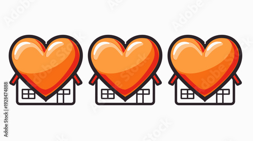 Three stylized houses topped with large, orange hearts, representing love and home on a white background