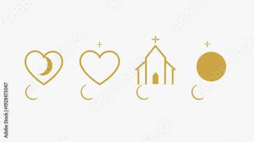 A gold-colored minimalist icon set a heart with a moon, a heart, a church, and a sun