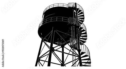 A black and white illustration of a tall water tower with an exterior staircase