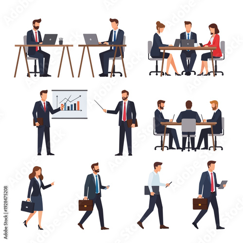 Business people working in office, set of vector illustrations.