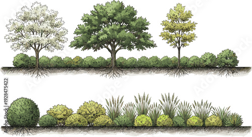 Hand drawn landscape garden plants set, trees, shrubs and ornamental grasses illustration isolated on white background for landscaping and botanical design