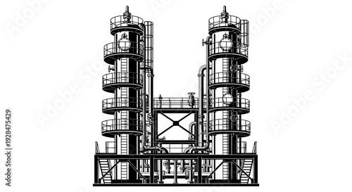 Detailed black and white illustration of two industrial distillation columns with complex piping