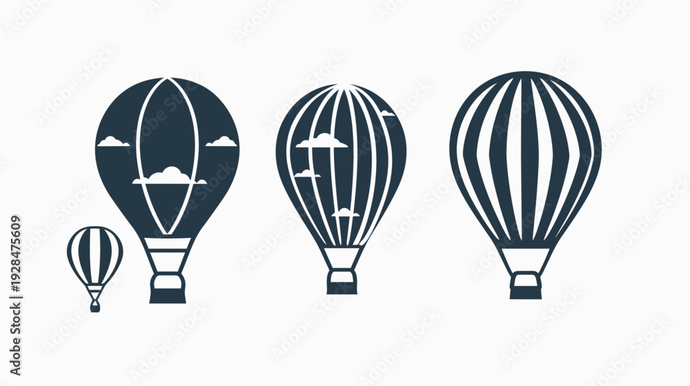 Obraz premium Collection of stylized hot air balloons with clouds on white background