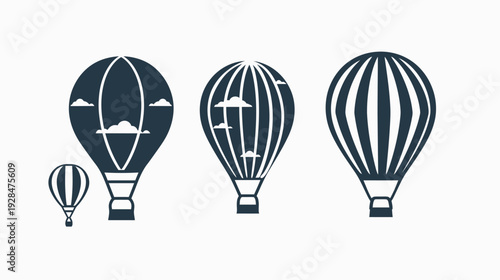 Collection of stylized hot air balloons with clouds on white background