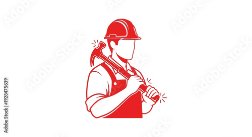 Red silhouette of a construction worker holding a hammer over shoulder