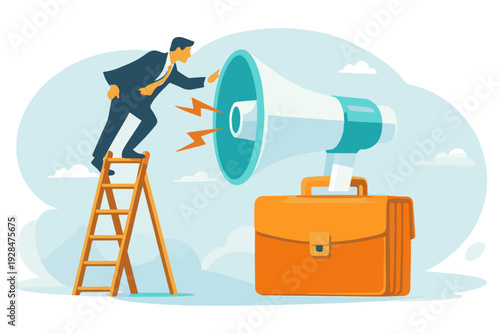 Professional on a ladder using a megaphone connected to a briefcase, representing effective business communication, strategic public relations, and important market outreach
