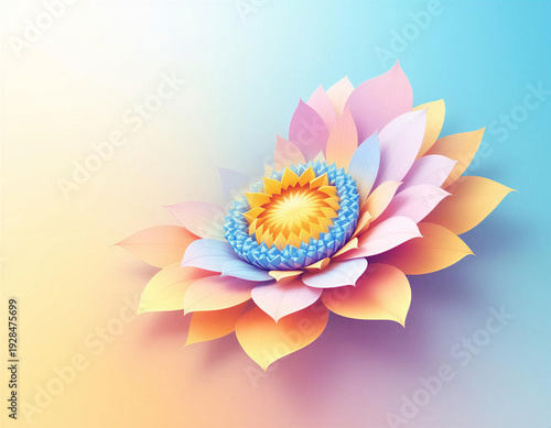 Abstract geometric sunflower cross-section with bold hexagonal seed grid, S-curve composition, warm amber to cool periwinkle gradient, stylized botanical illustration on white background