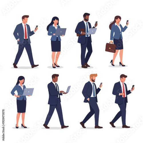 Diverse group of business people walking and using technology.