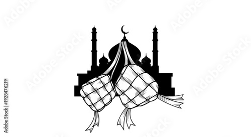 Islamic Prayer Rug with Mosque Silhouette.