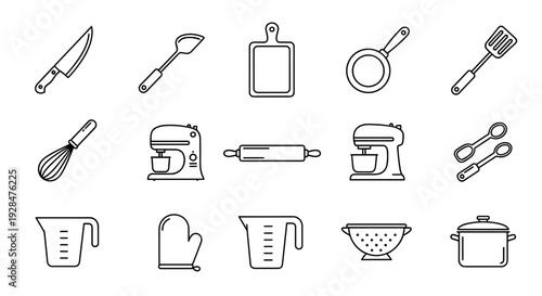 Kitchen Utensils and Appliances Line Icons Set 3.