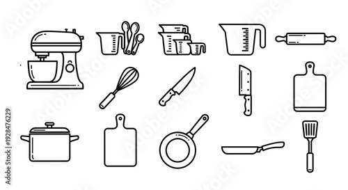 Kitchen Utensils and Appliances Line Icons Set 4.