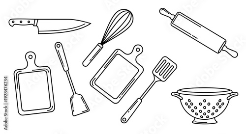 Kitchen Utensils Set Line Art Illustration.