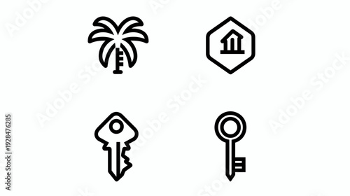 Four black and white line icons representing a palm tree, a building, and two different keys