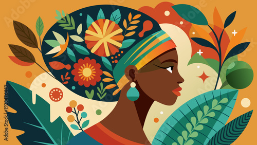Stylized portrait of african woman in profile with colorful headwrap surrounded by tropical leaves and floral patterns in vibrant abstract vector art