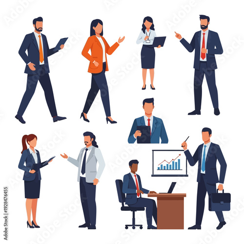 Diverse group of business professionals in various poses and settings.