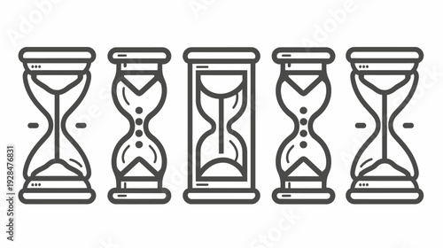 Linear illustration of five sand timers with subtle variations. Different designs and detailing
